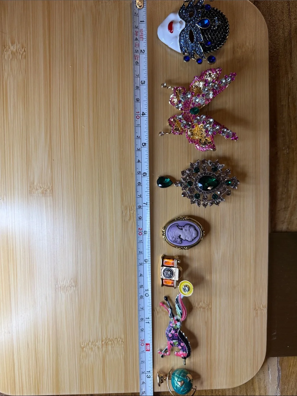 Statement Brooch Lot of 7: Rhinestone Enamel Butterfly Mask Cameo Unicorn Camera